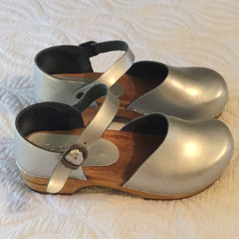 Silver Sanita closed back clogs.